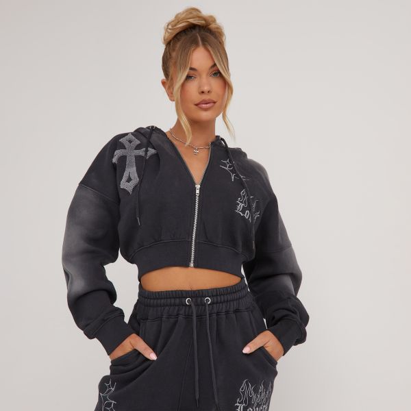 Zip Front Crucifix Detail Oversized Cropped Hoodie In Navy Ombre, Women’s Size UK 12