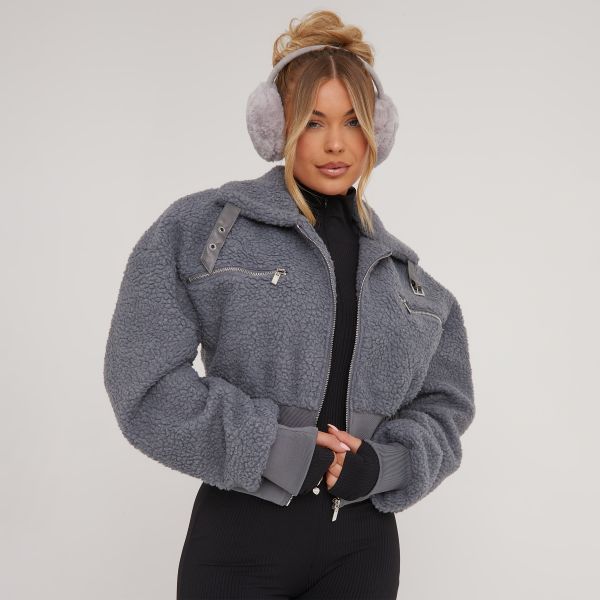 Cinched Waist Cropped Bomber Jacket In Grey Borg, Women’s Size UK 8