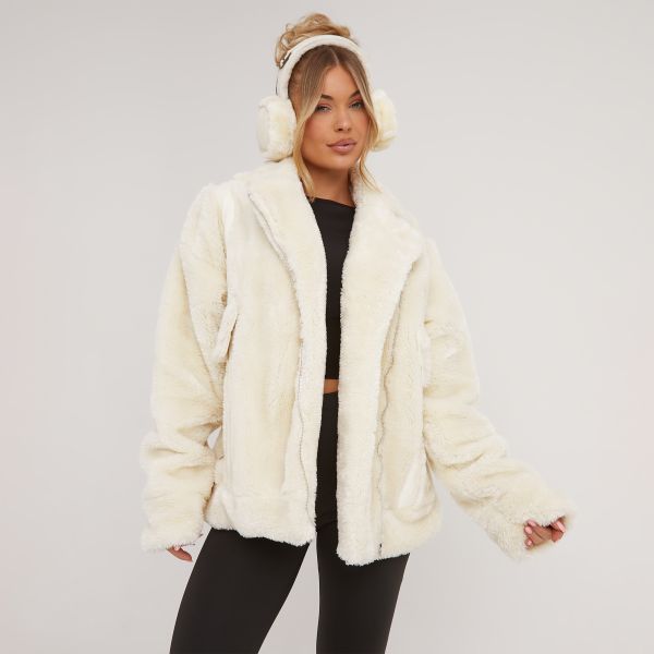 Oversized Pocket Detail Aviator Coat In Cream Faux Fur, Women’s Size UK 12