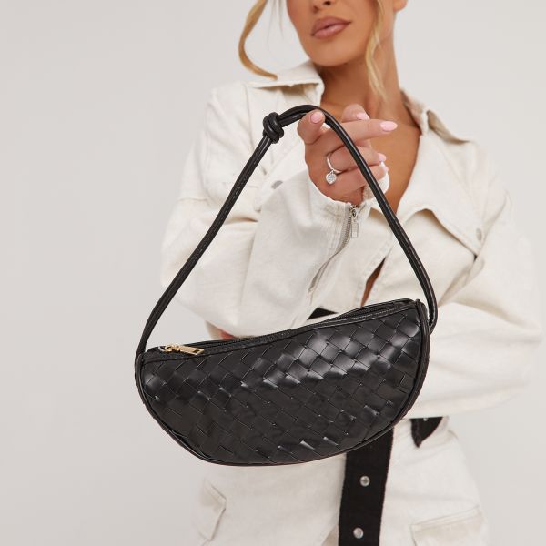 Ariel Woven Detail Half Moon Shaped Shoulder Bag In Black Faux Leather, Women’s Size UK One Size