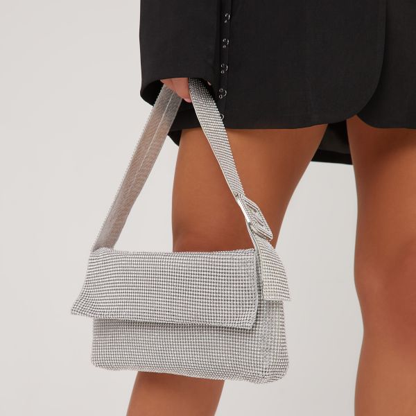 Explosion Buckle Detail Rectangle Shaped Shoulder Bag In Silver Diamante, Women’s Size UK One Size