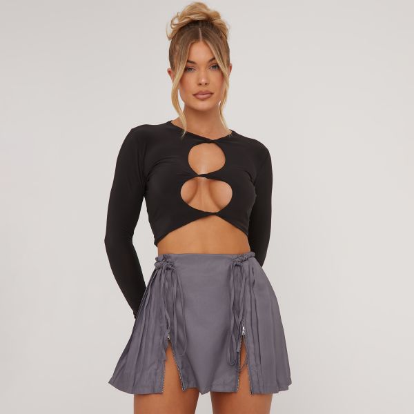 Tie Waist Zip Detail Pleated Mini Skirt In Charcoal Grey, Women’s Size UK Small S