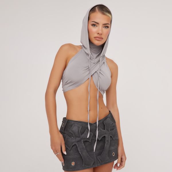 Sleeveless Wrap Detail Hooded Crop Top In Grey, Women’s Size UK Small S