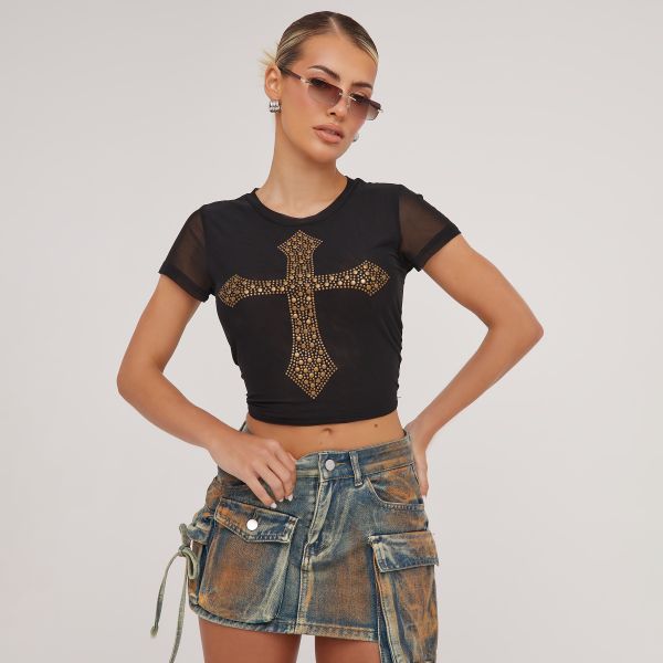 Short Sleeve Crucifix Stud Detail Crop Top In Black Mesh, Women’s Size UK Small S