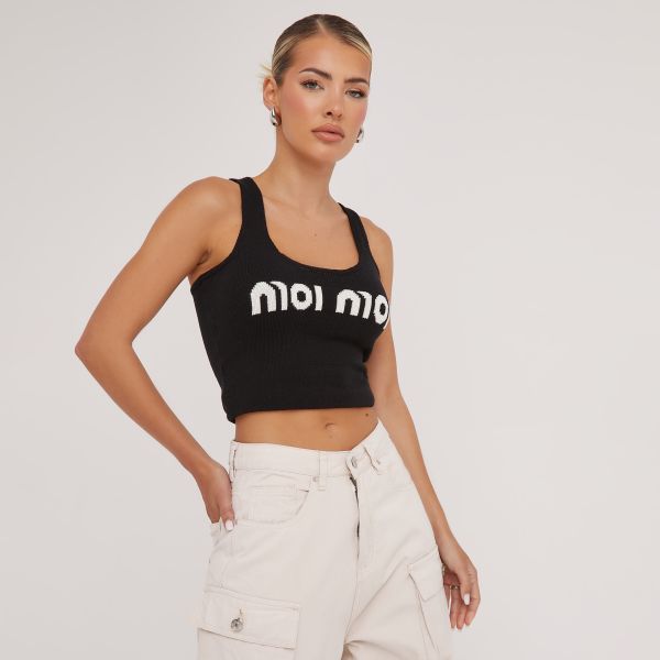 Scoop Neck ’Moi Moi’ Slogan Print Cropped Vest In Black Knit, Women’s Size UK Large L