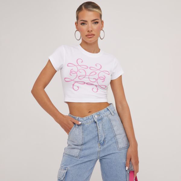 Short Sleeve Oversized Pink Swirl Logo Print Cropped Baby Tee In White, Women’s Size UK 8
