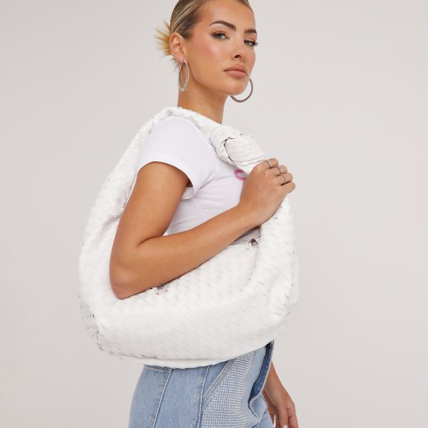 Loreen Woven Knotted Strap Detail Oversized Shoulder Bag In White Faux Leather, Women’s Size UK One Size