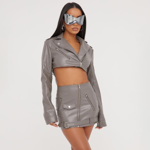 Zip Detail Cropped Biker Jacket In Grey Faux Leather, Women’s Size UK 6