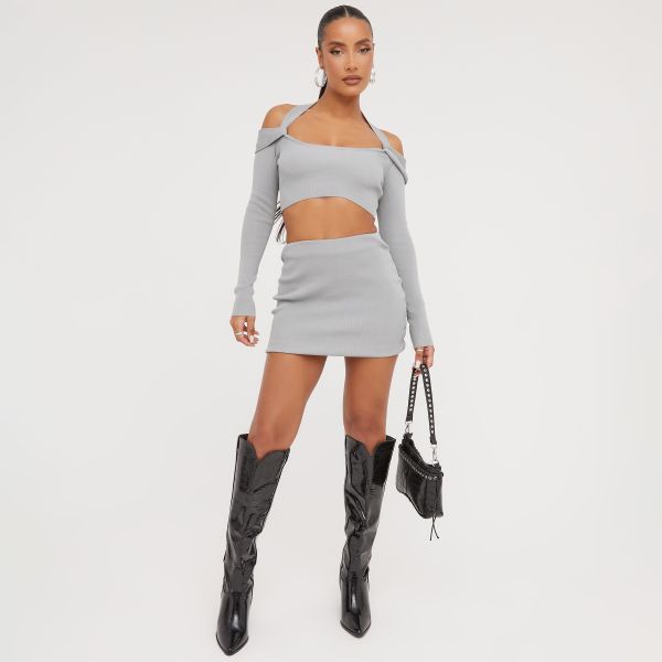 High Waist Mini Bodycon Skirt In Grey Knit, Women’s Size UK 8