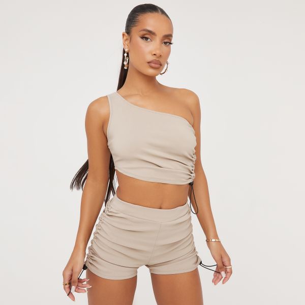 One Shoulder Toggle Detail Ruched Utility Crop Top In Stone, Women’s Size UK 10