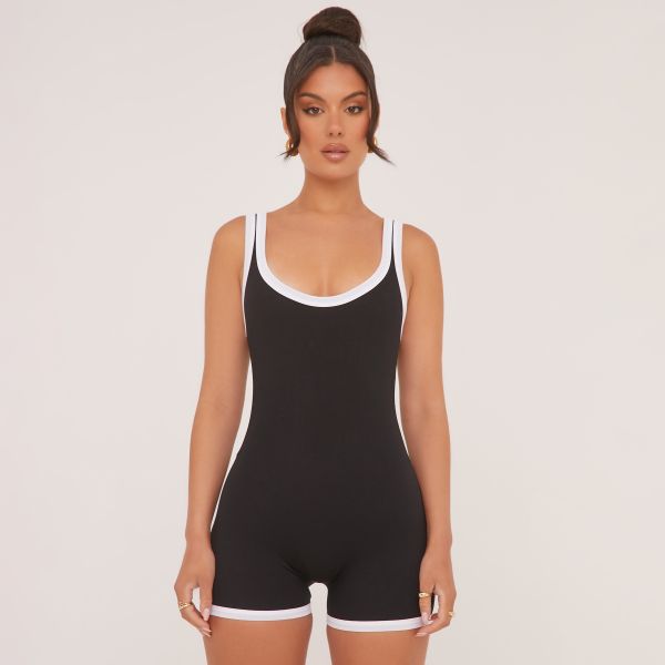 Strappy Scoop Neck Contrast Binding Playsuit In Black, Women’s Size UK 8