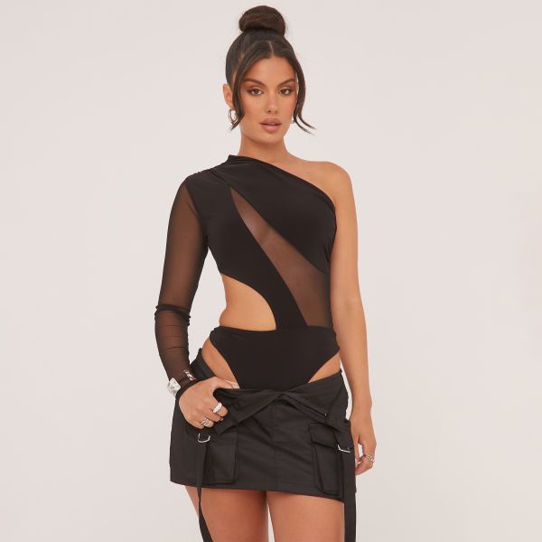 One Sleeve Mesh Insert Ruched Bodysuit In Black Slinky, Women’s Size UK 10