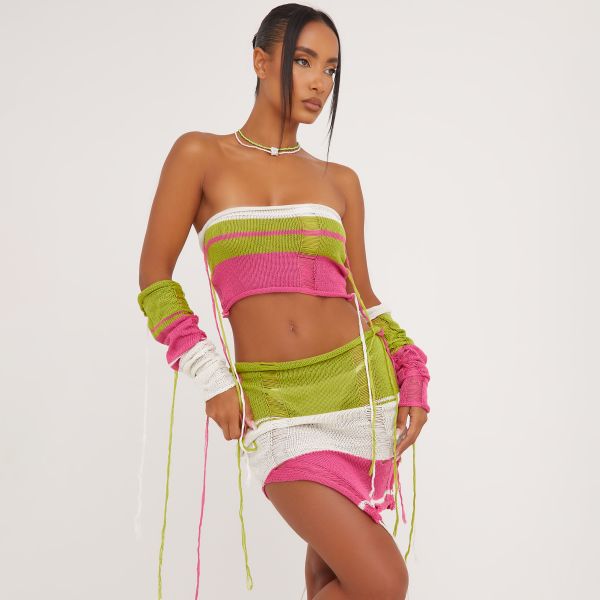 Bandeau Distressed Detail Crop Top With Sleeves And Fold Over Detail Mini Skirt Co-Ord Set In Pink Stripe Knit, Women’s Size UK Small S
