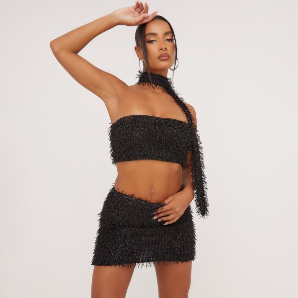 Bandeau Fluffy Detail Crop Top With Neck Scarf In Black, Women’s Size UK 6