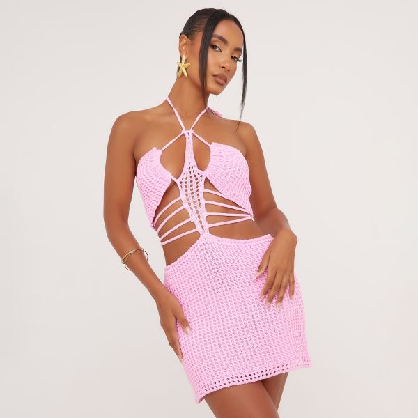 Strappy Cut Out Detail Mini Dress In Pink Crochet Knit, Women’s Size UK Small S