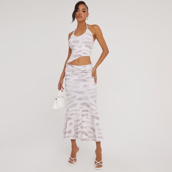 Halterneck Wrap Detail Asymmetric Crop Top And Peplum Hem Maxi Skirt Co-Ord Set In Printed Ivory, Women’s Size UK Medium M