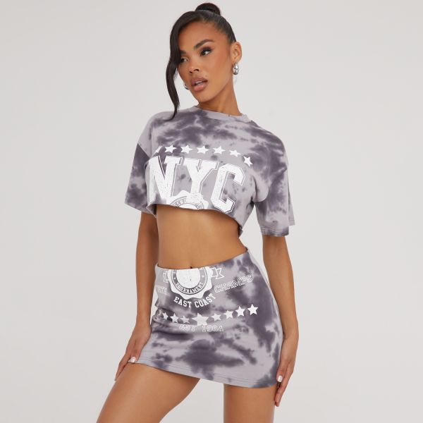 Short Sleeve ’Nyc’ Graphic Print Super Crop T-Shirt In Grey Acid Wash, Women’s Size UK 6