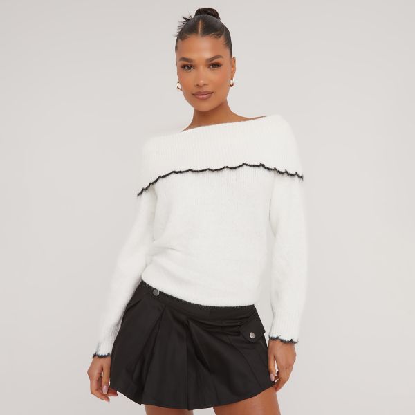 Bardot Contrast Scalloped Detail Jumper In Cream Knit, Women’s Size UK One Size