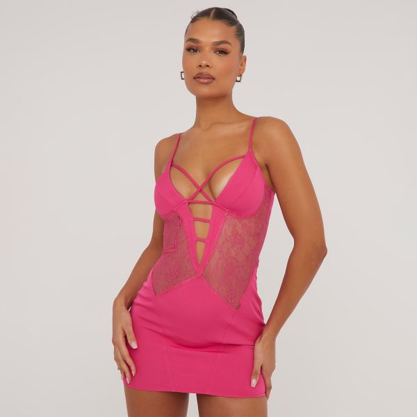 Strappy Underwired Lace Insert Detail Mini Bodycon Dress In Hot Pink, Women’s Size UK 10
