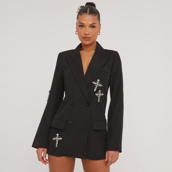 Embellished Crucifix Detail Blazer Dress In Black Woven, Women’s Size UK 6