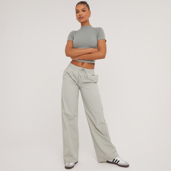 Low Rise Elasticated Waist Wide Leg Trousers In Sage Green Shell, Women’s Size UK 6