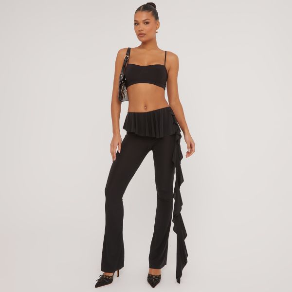 High Waist Frill Detail Skinny Flared Trousers In Black Slinky, Women’s Size UK 10