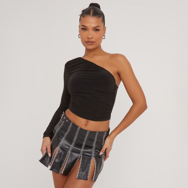 Low Rise Contrast Stitch Detail Mini Skirt In Black Faux Leather, Women’s Size UK 10