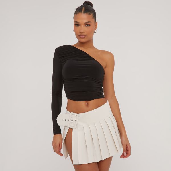 Low Rise Belted Pleated Micro Mini Skirt In Stone Woven, Women’s Size UK 10