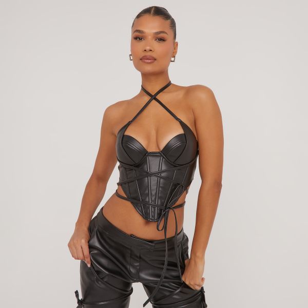 Cross Front Strappy Detail Corset Top In Black Faux Leather, Women’s Size UK 6