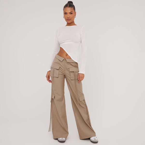 Low Rise Fold Over Wasitband Pocket Detail Wide Leg Cargo Trousers In Taupe, Women’s Size UK 10