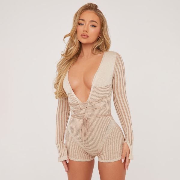 Long Sleeve Plunge Strappy Waist Playsuit In Contrast Stone Knit, Women’s Size UK Medium M