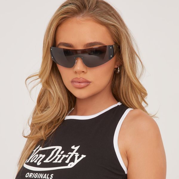 Rectangle Shape Wrap Around Sunglasses In Black, Women’s Size UK One Size