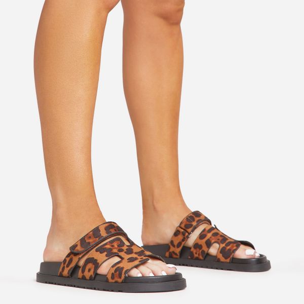 Valerie Gladiator Velcro Strap Flat Slider Sandal In Leopard Print Faux Suede, Women’s Size UK 5