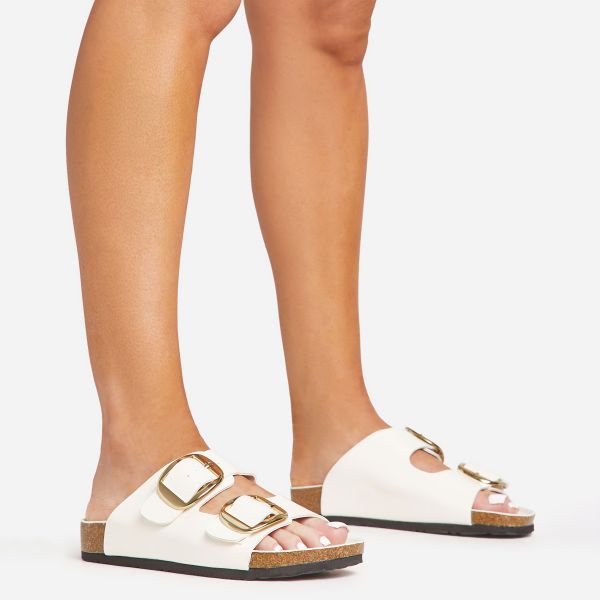 Knock-Down Double Buckle Strap Flat Slider Sandal In Cream Patent, Women’s Size UK 4