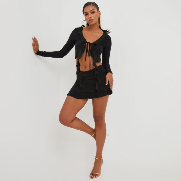 Frill Hem Side Ruched Detail Mini Skirt In Black Slinky, Women’s Size UK 16
