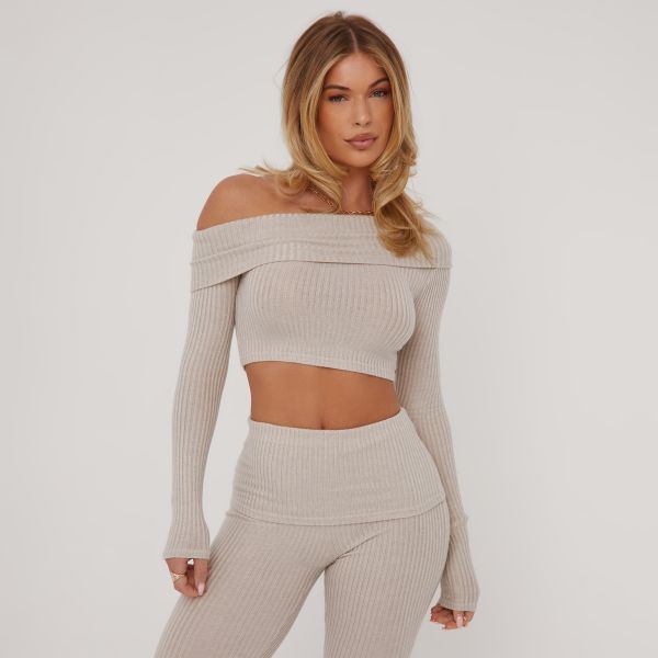 Long Sleeve Asymmetric Fold Over Detail Crop Top In Beige Soft Ribbed, Women’s Size UK 14