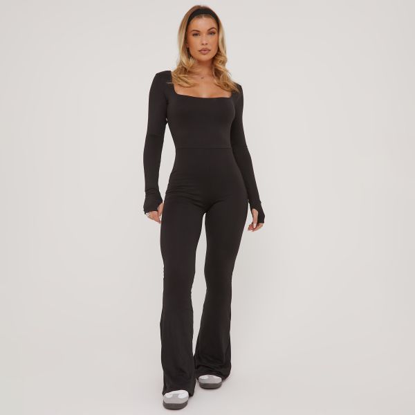 Long Sleeve Square Neck Flared Jumpsuit In Black, Women’s Size UK 12