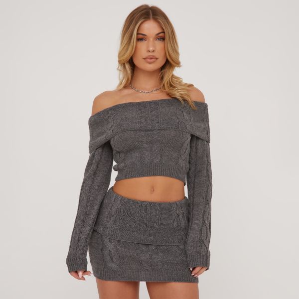 Bardot Crop Top And Mini Bodycon Skirt Co-Ord Set In Grey Cable Knit, Women’s Size UK Small S