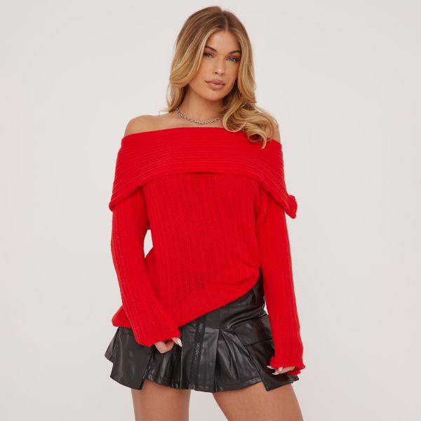 Fold Over Bardot Jumper In Red Knit, Women’s Size UK One Size