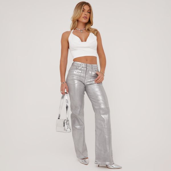 Mid Rise Silver Metallic Foil Spray Detail Straight Leg Jeans In Silver Denim, Women’s Size UK Large L