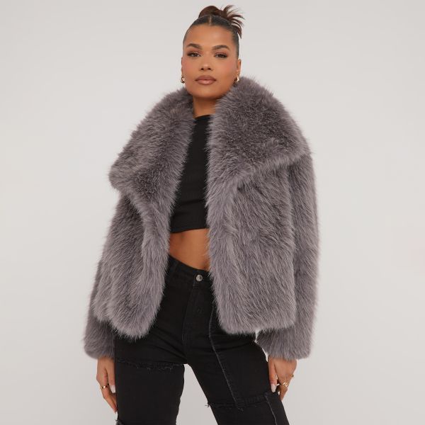 Oversized Collar Detail Cropped Jacket In Grey Faux Fur, Women’s Size UK Medium M