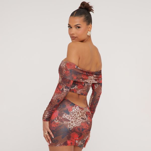 Bardot Open Back Detail Mini Bodycon Dress In Rose Leopard Print Slinky, Women’s Size UK 10