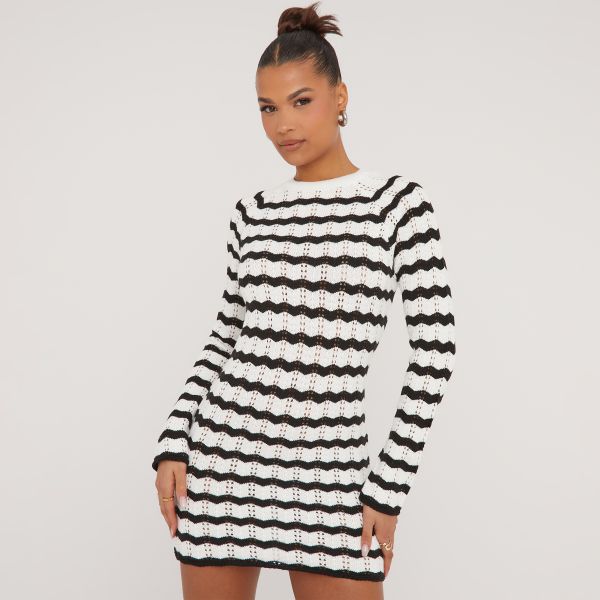 Long Sleeve Mini Dress In Black Wave Stripe Crochet Knit, Women’s Size UK Medium M
