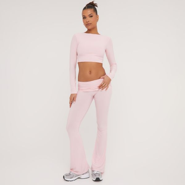 Long Sleeve Crew Neck Top And Low Rise Fold Over Waistband Flared Trousers Co-Ord Set In Pink, Women’s Size UK 6