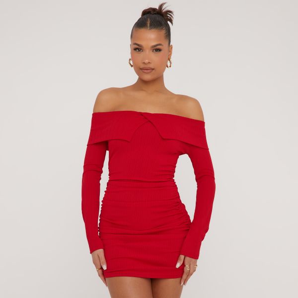 Fold Over Bardot Mini Bodycon Dress In Red Rib, Women’s Size UK Small S