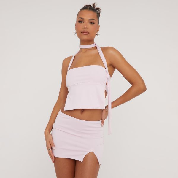 Neck Tie Square Neck Crop Top And Split Leg Mini Skirt Co-Ord Set In Pink Woven, Women’s Size UK Medium M