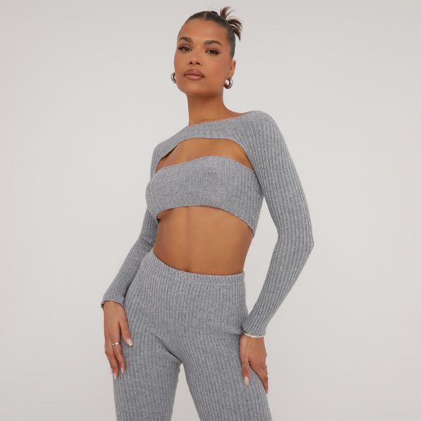 Long Sleeve Slash Front Cropped Jumper In Grey Rib Knit, Women’s Size UK Small S