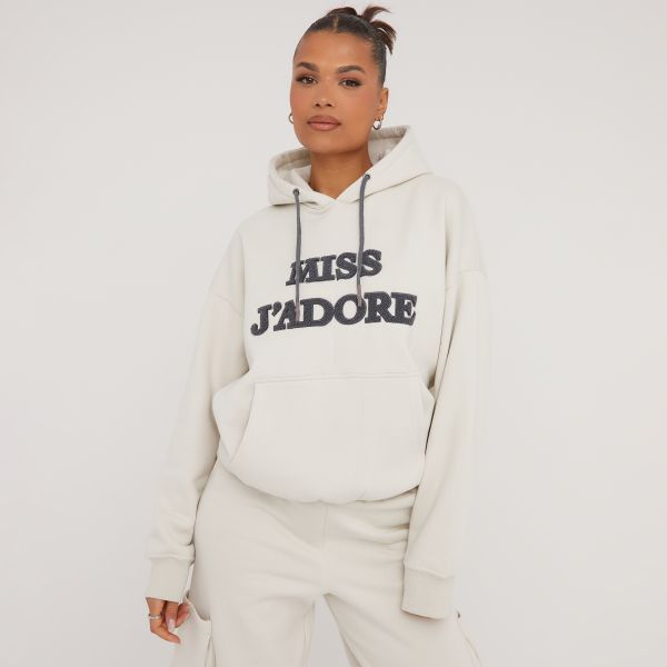 Oversized Miss J’Adore Slogan Print Hoodie In Cream, Women’s Size UK 8