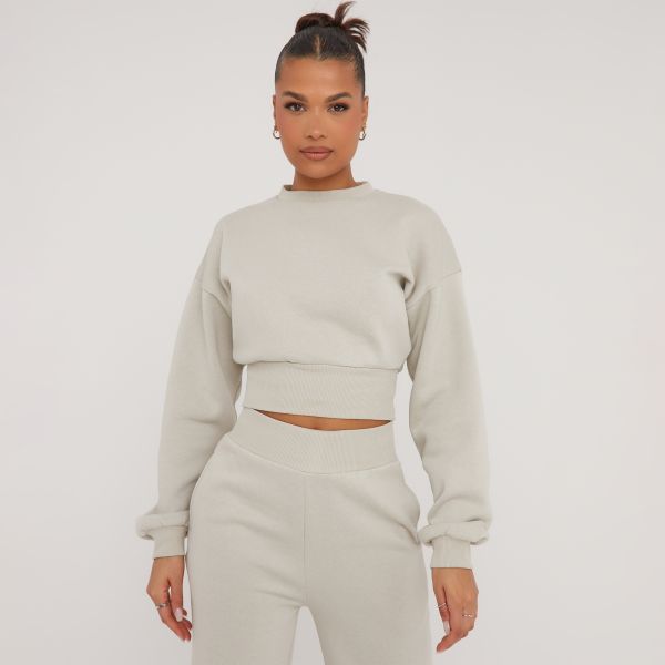 Long Sleeve Elasticated Waist Detail Cropped Sweater In Sage Green, Women’s Size UK 6