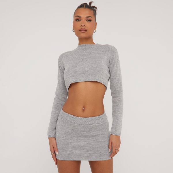 Long Sleeve Cropped Jumper In Grey Knit, Women’s Size UK Large L